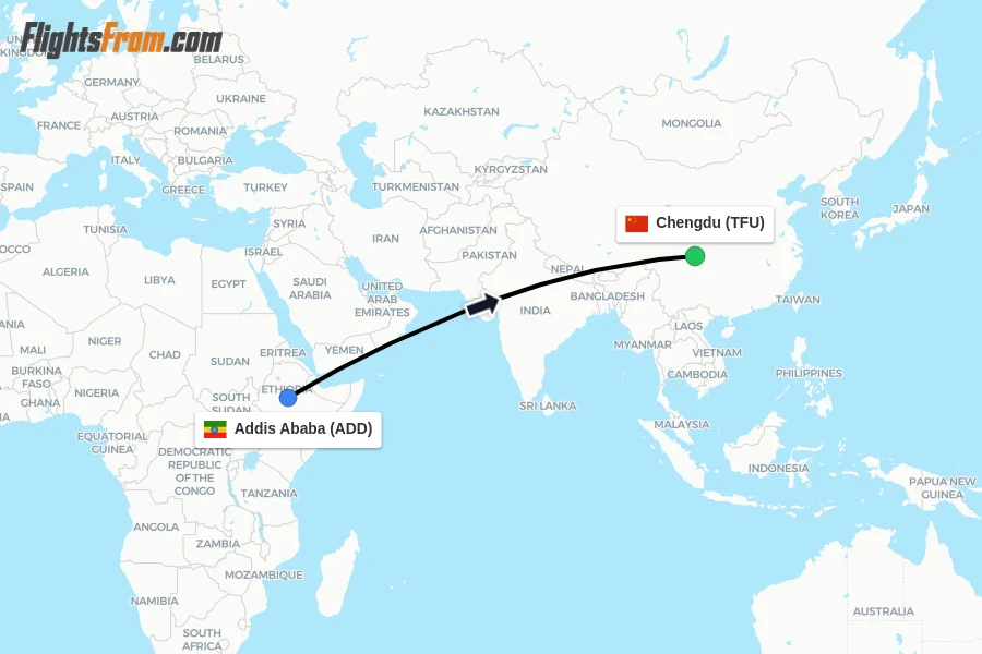 Flights from Addis Ababa to Chengdu route map