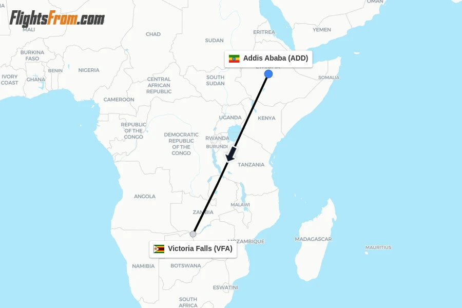 Flights from Addis Ababa to Victoria Falls route map