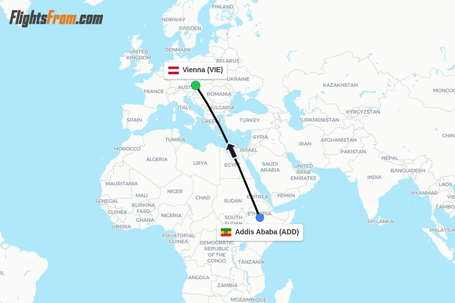 Flights from Addis Ababa to Vienna route map