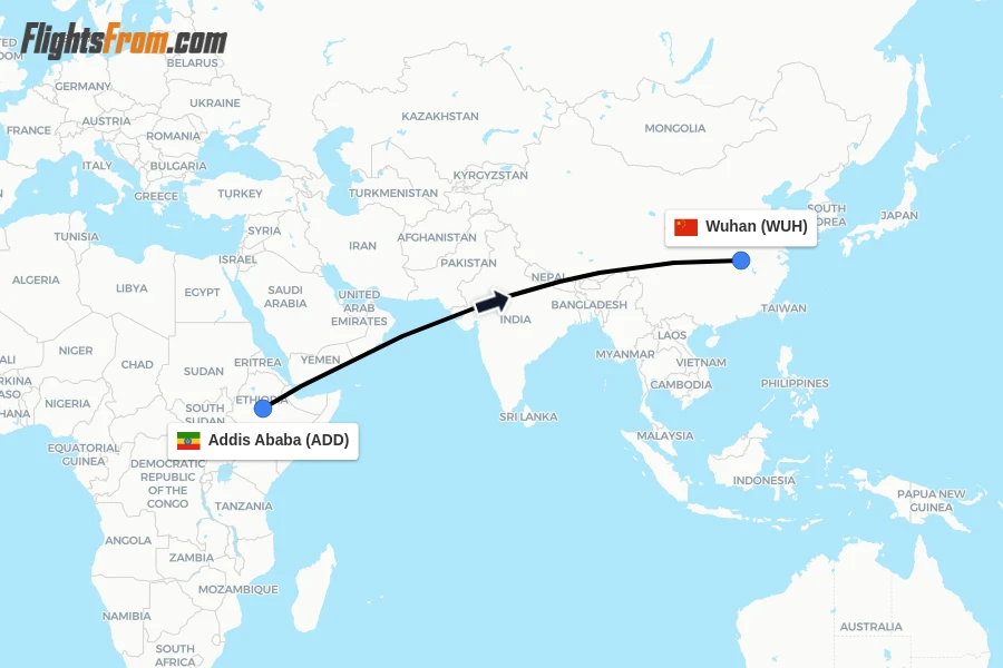 Flights from Addis Ababa to Wuhan route map