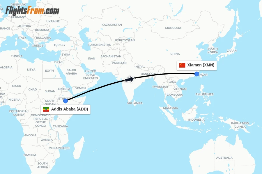Flights from Addis Ababa to Xiamen route map