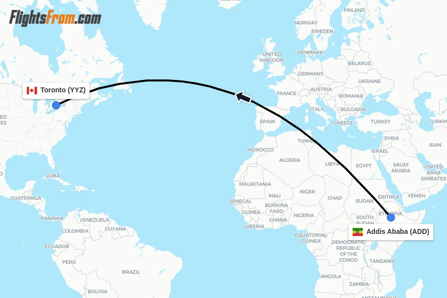 Flights from Addis Ababa to Toronto route map