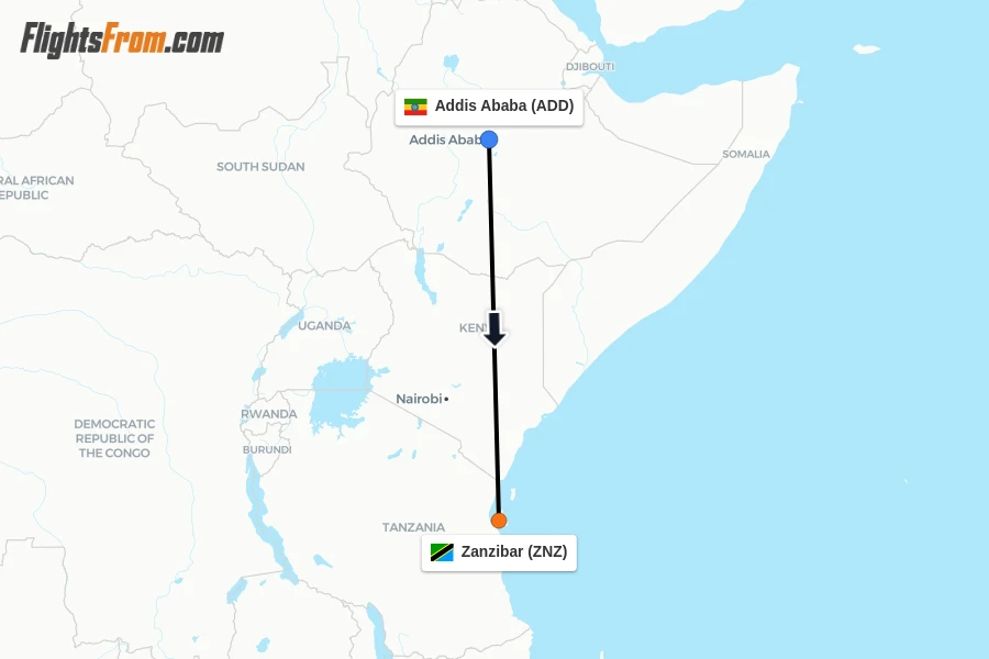 Flights from Addis Ababa to Zanzibar route map