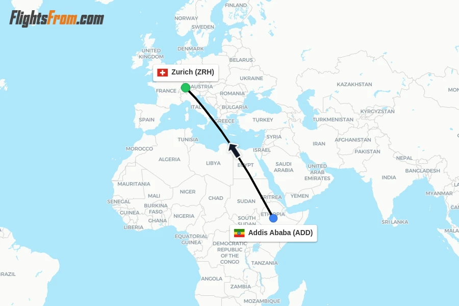 Flights from Addis Ababa to Zurich route map