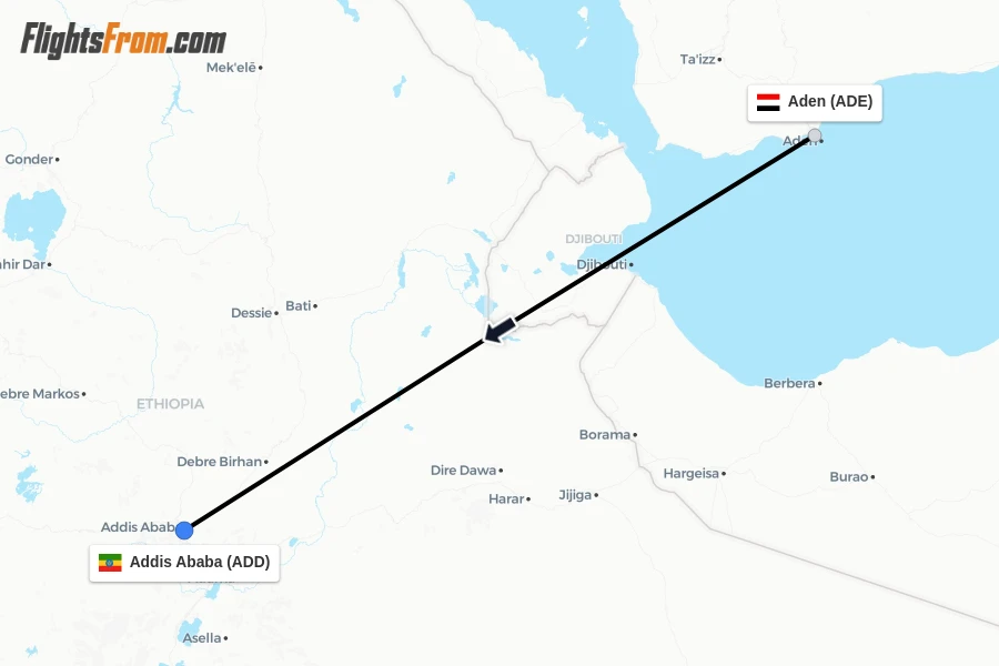 Flights from Aden to Addis Ababa route map