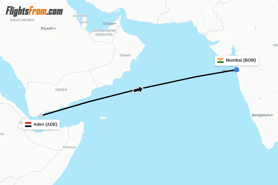Flights from Aden to Mumbai route map
