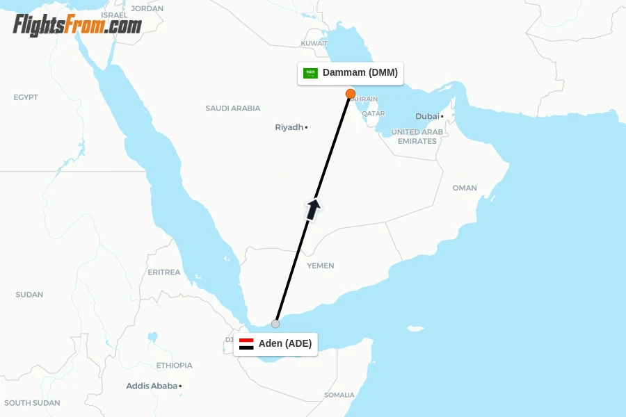 Flights from Aden to Dammam route map
