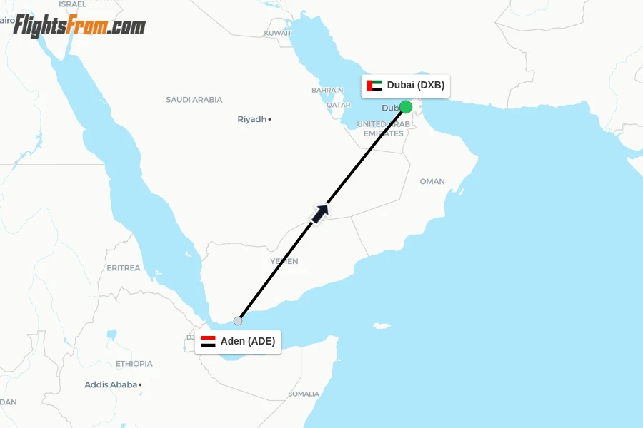 Flights from Aden to Dubai route map