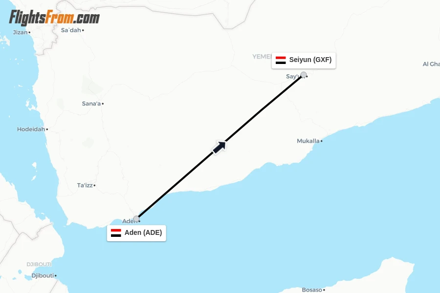 Flights from Aden to Seiyun route map