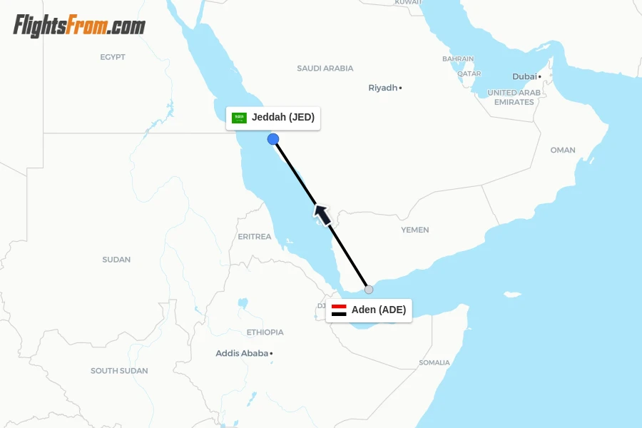 Flights from Aden to Jeddah route map