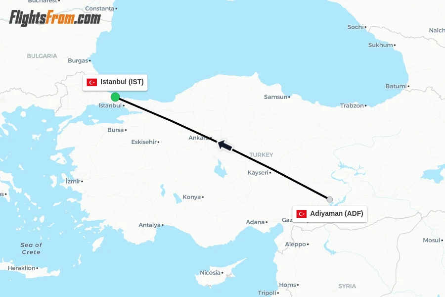 Flights from Adiyaman to Istanbul route map