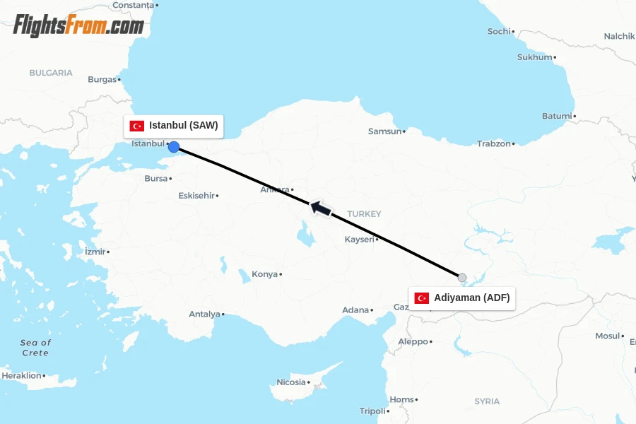 Flights from Adiyaman to Istanbul route map