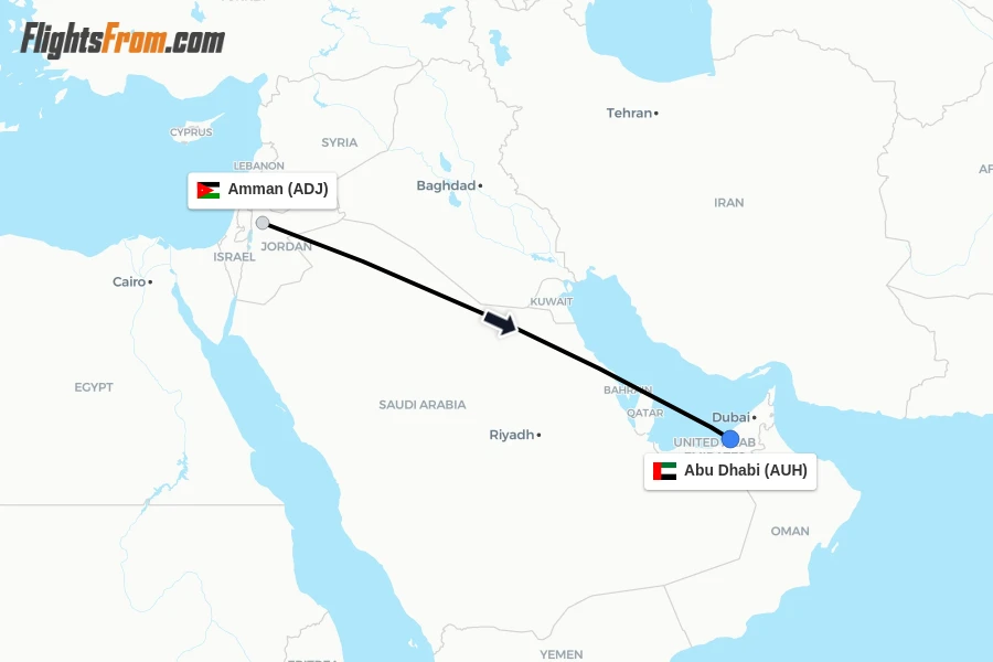 Flights from Amman to Abu Dhabi route map