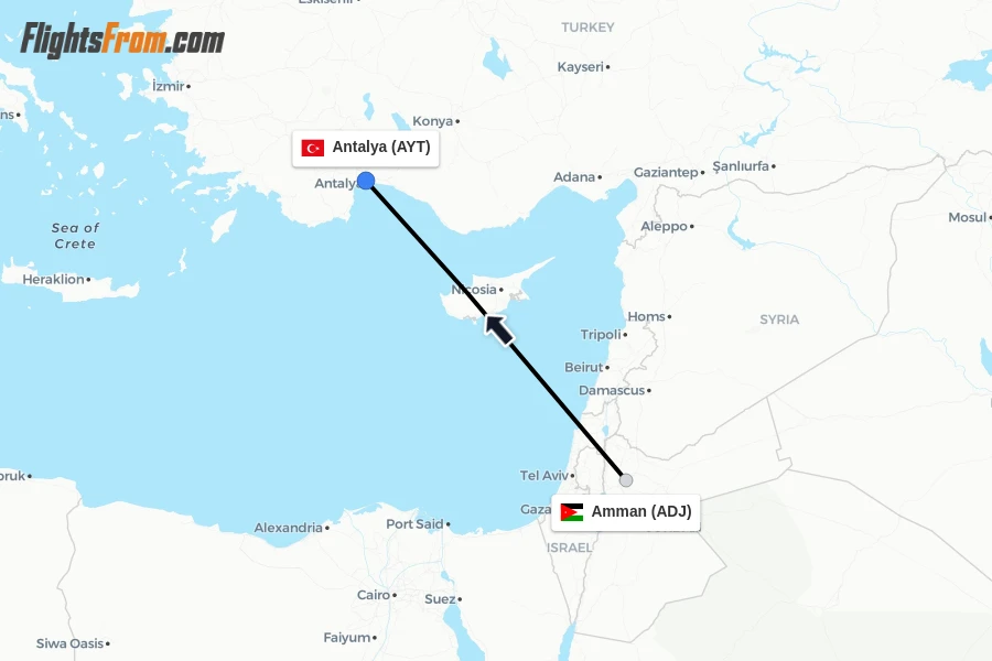 Flights from Amman to Antalya route map