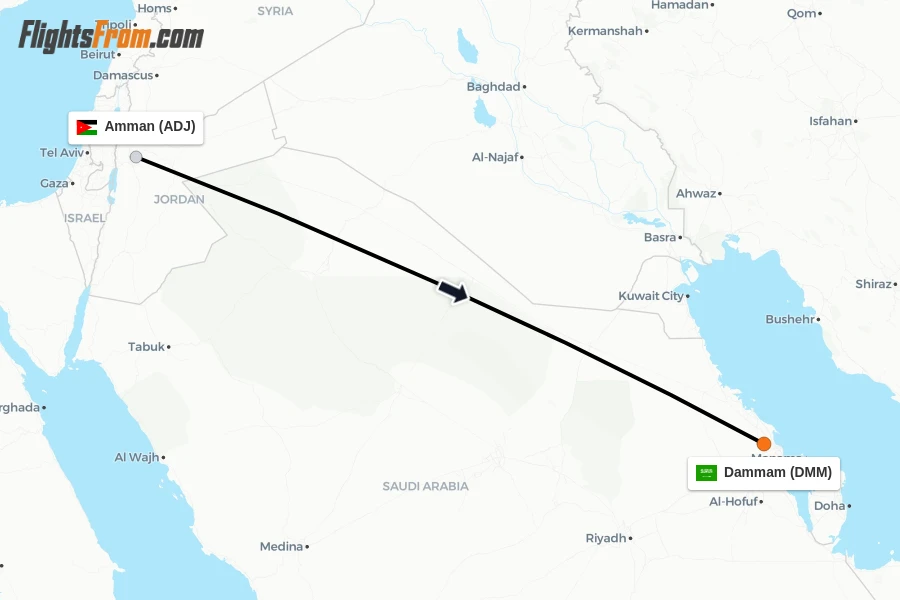 Flights from Amman to Dammam route map