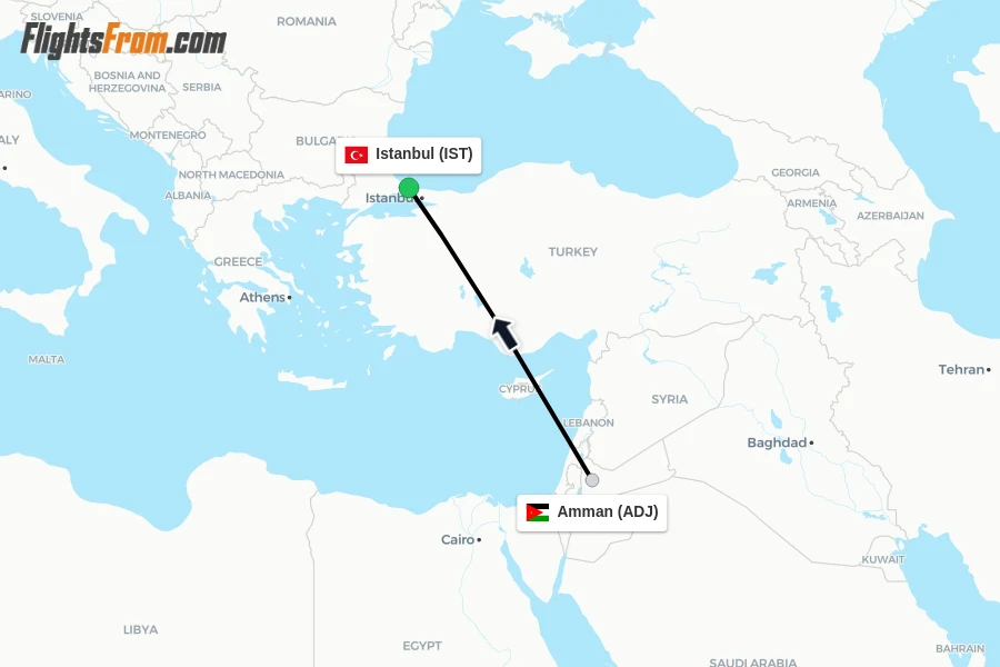 Flights from Amman to Istanbul route map