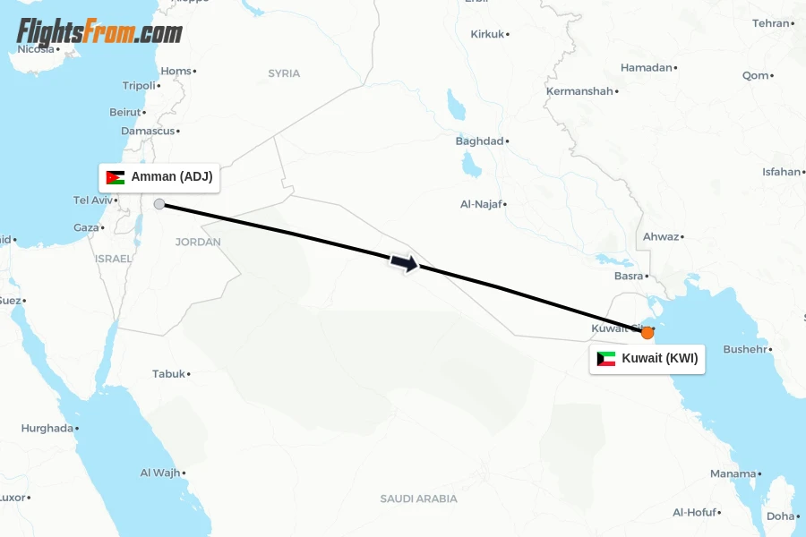 Flights from Amman to Kuwait route map