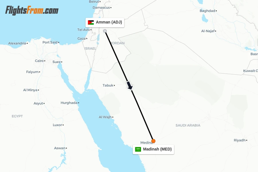 Flights from Amman to Madinah route map
