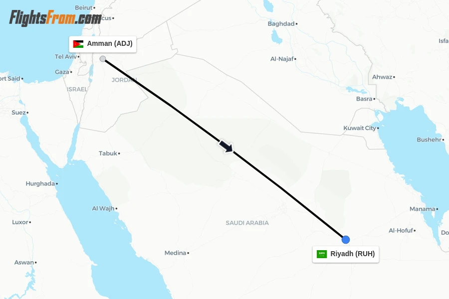 Flights from Amman to Riyadh route map