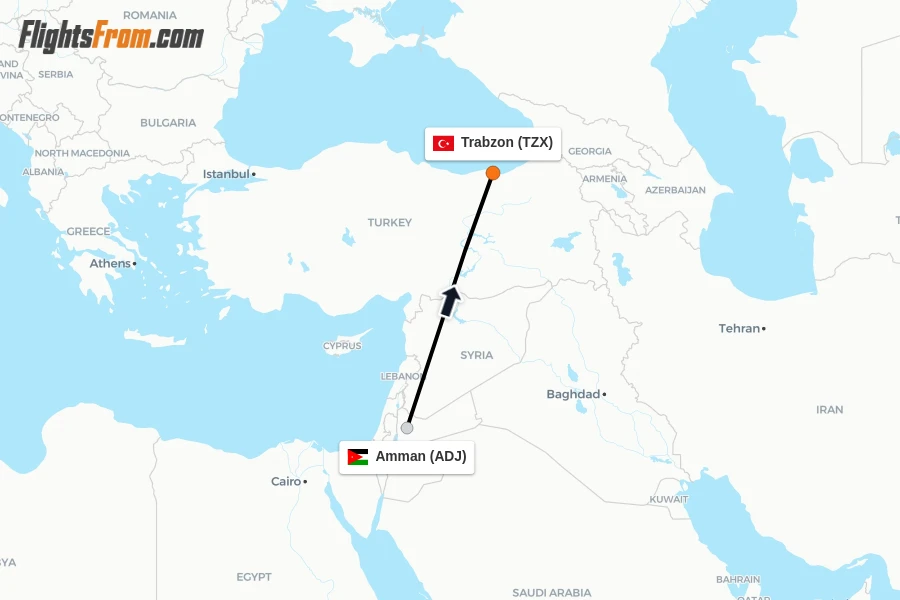 Flights from Amman to Trabzon route map