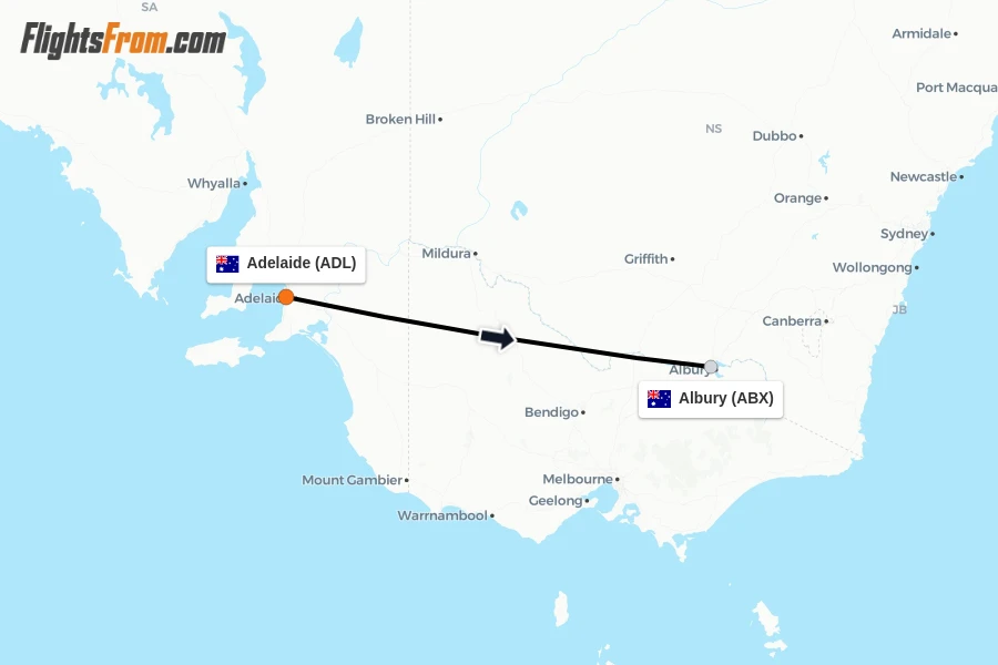 Flights from Adelaide to Albury route map