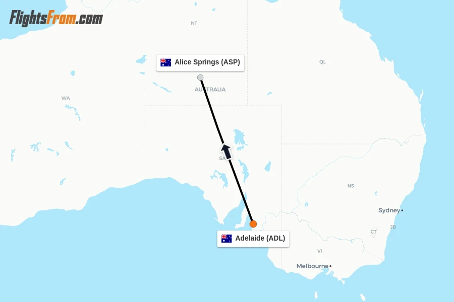 Flights from Adelaide to Alice Springs route map
