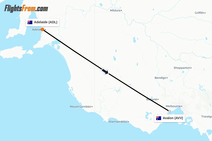 Flights from Adelaide to Avalon route map