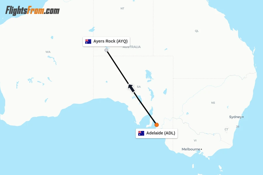 Flights from Adelaide to Ayers Rock route map