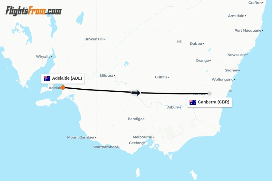 Flights from Adelaide to Canberra route map