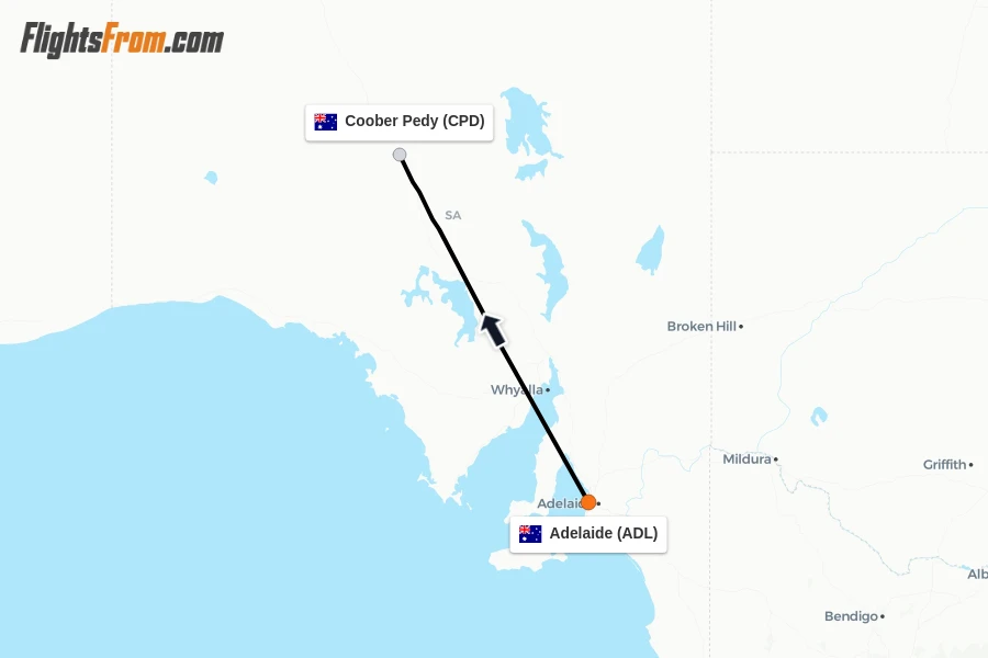 Flights from Adelaide to Coober Pedy route map