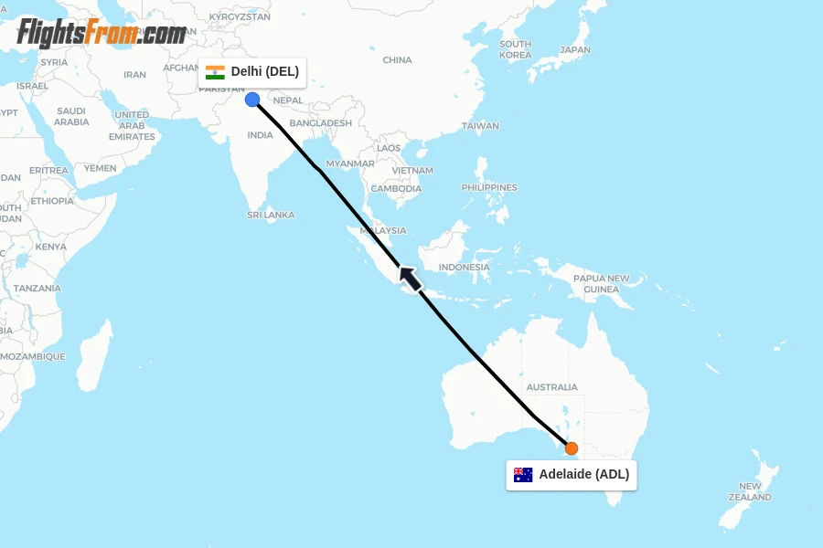 Flights from Adelaide to Delhi route map