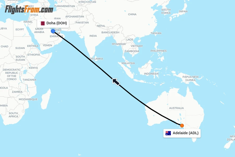 Flights from Adelaide to Doha route map