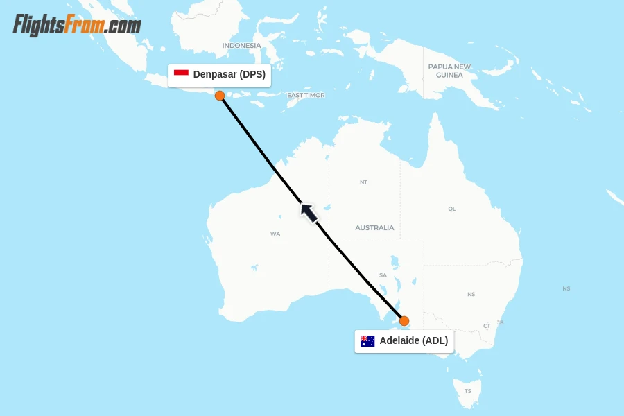 Flights from Adelaide to Denpasar route map
