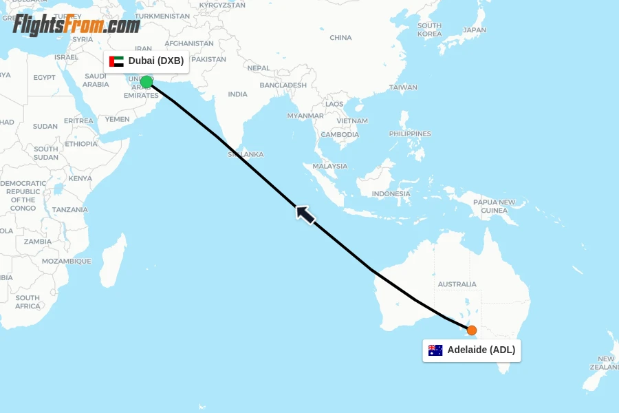 Flights from Adelaide to Dubai route map