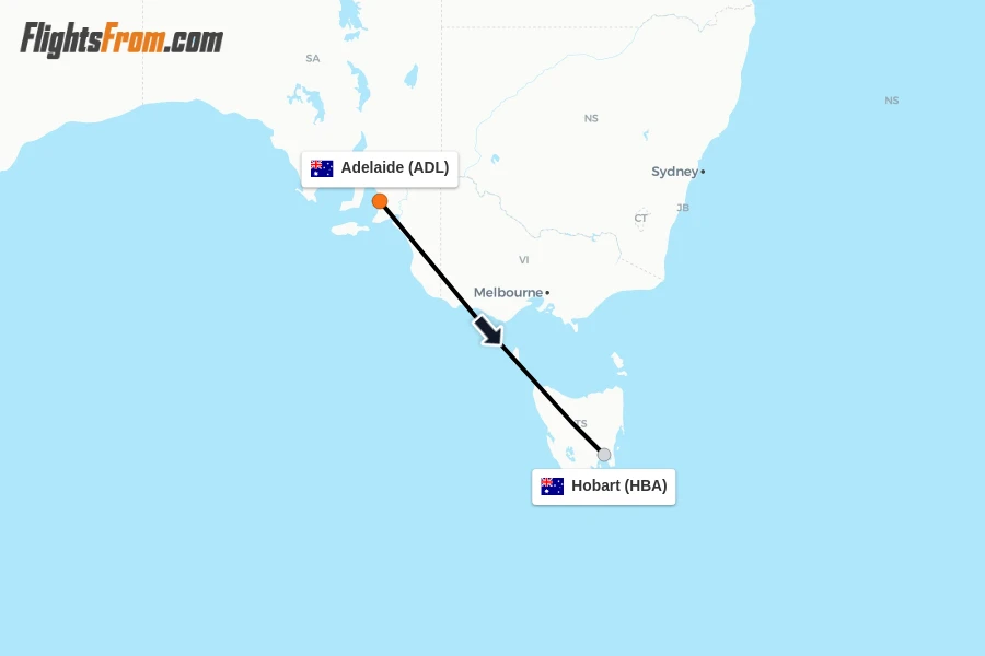 Flights from Adelaide to Hobart route map