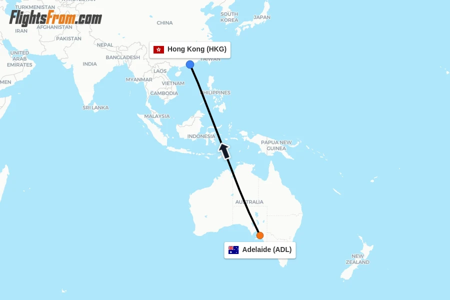 Flights from Adelaide to Hong Kong route map