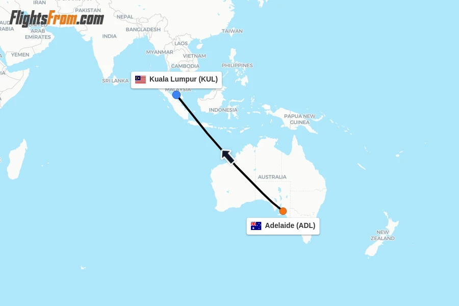 Flights from Adelaide to Kuala Lumpur route map