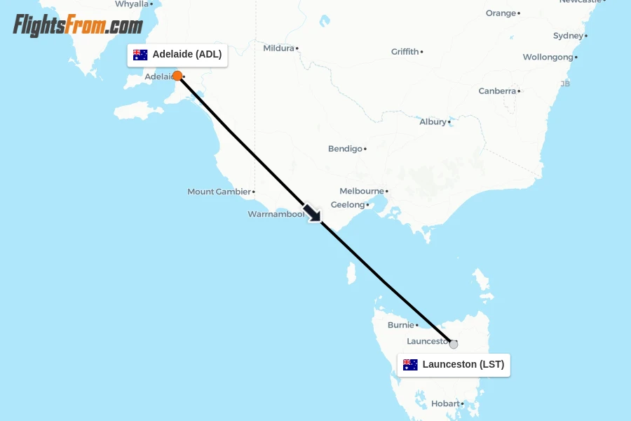 Flights from Adelaide to Launceston route map