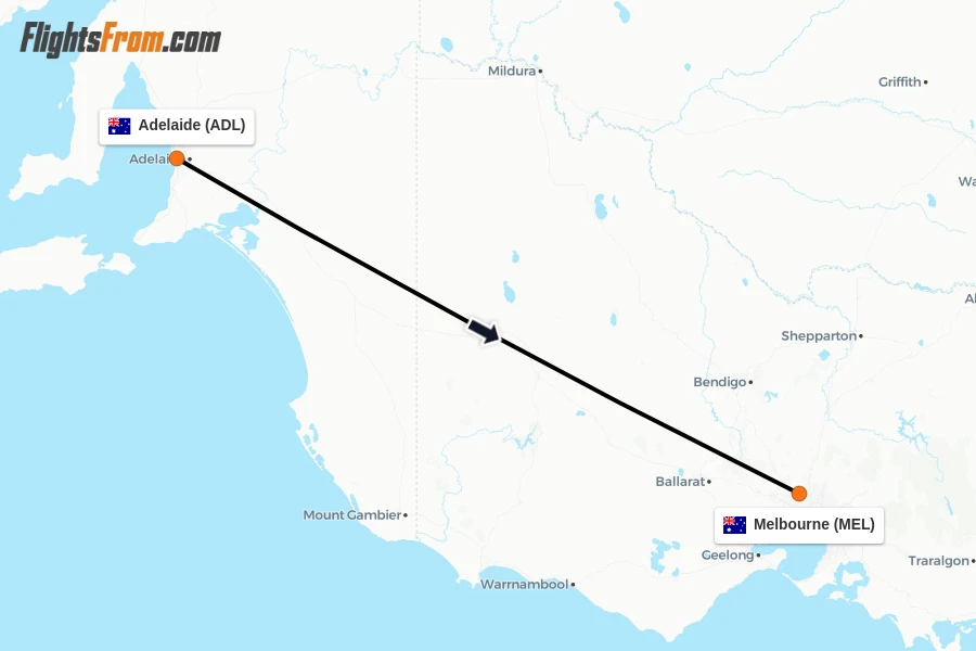 Flights from Adelaide to Melbourne route map