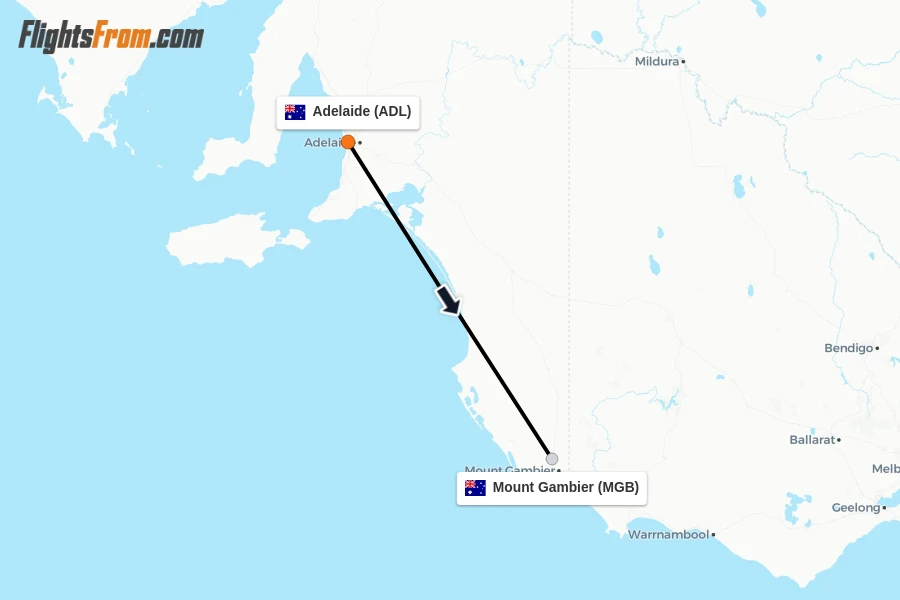 Flights from Adelaide to Mount Gambier route map