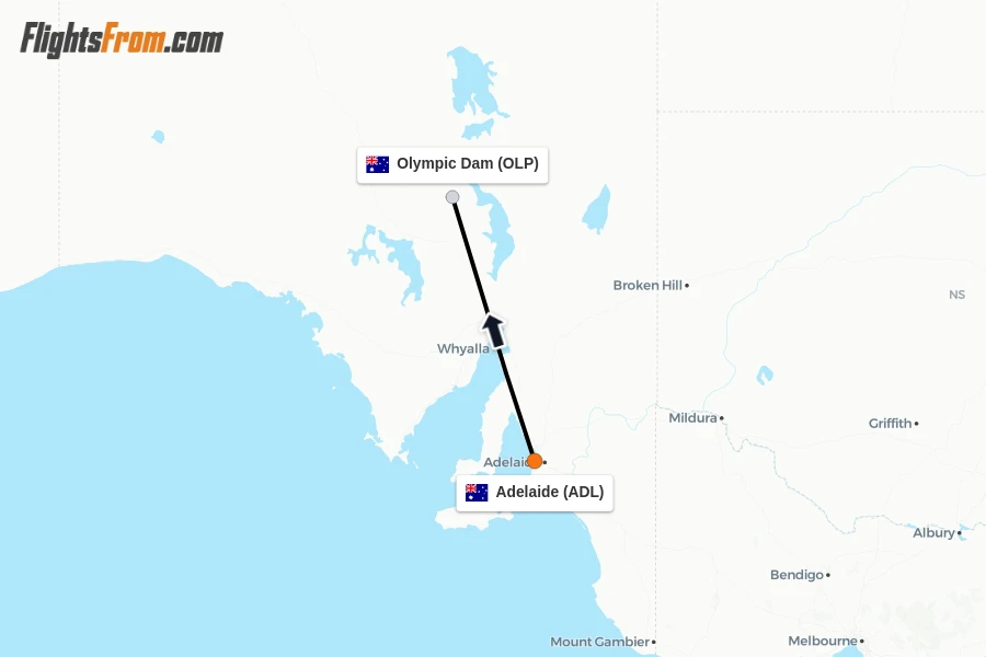 Flights from Adelaide to Olympic Dam route map
