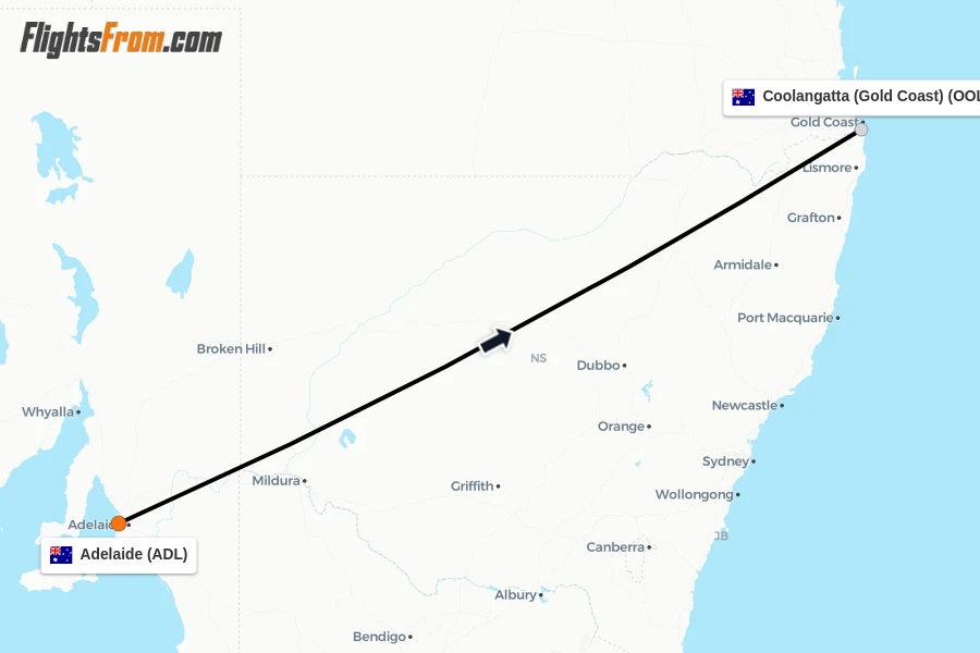 Flights from Adelaide to Coolangatta (Gold Coast) route map
