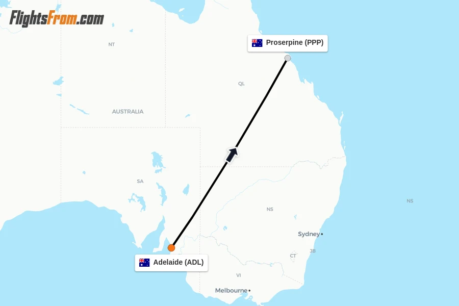Flights from Adelaide to Proserpine route map