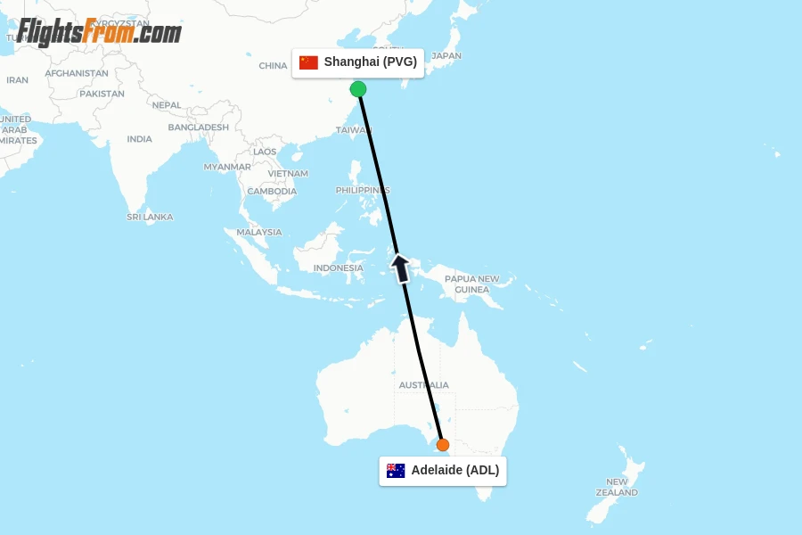 Flights from Adelaide to Shanghai route map