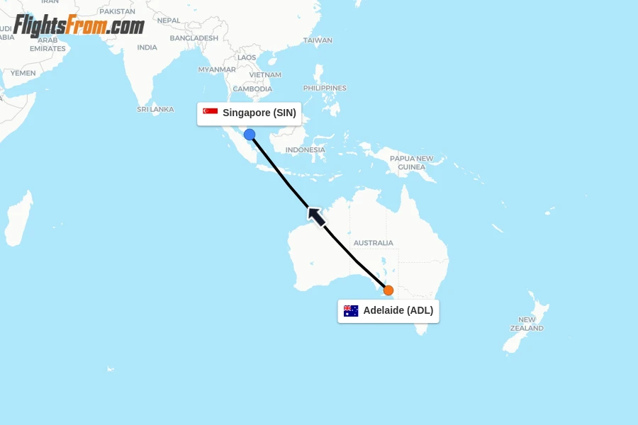 Flights from Adelaide to Singapore route map