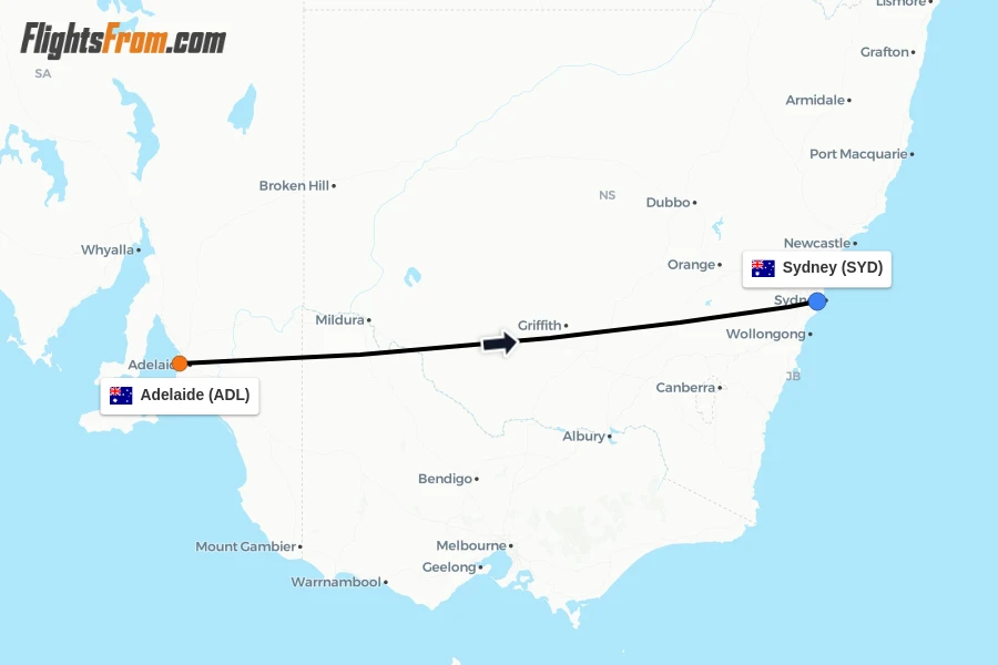 Flights from Adelaide to Sydney route map