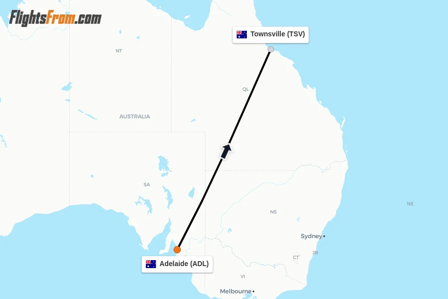 Flights from Adelaide to Townsville route map