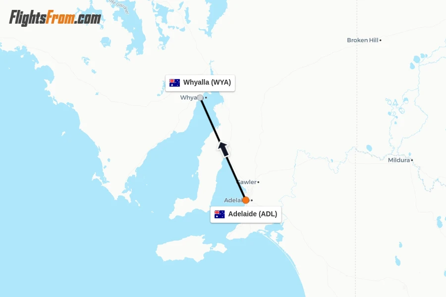 Flights from Adelaide to Whyalla route map