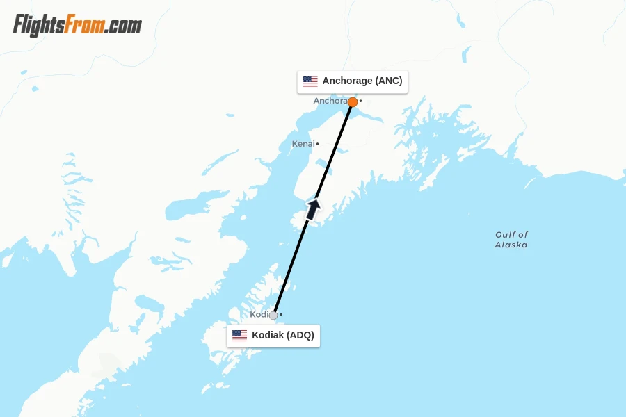 Flights from Kodiak to Anchorage route map