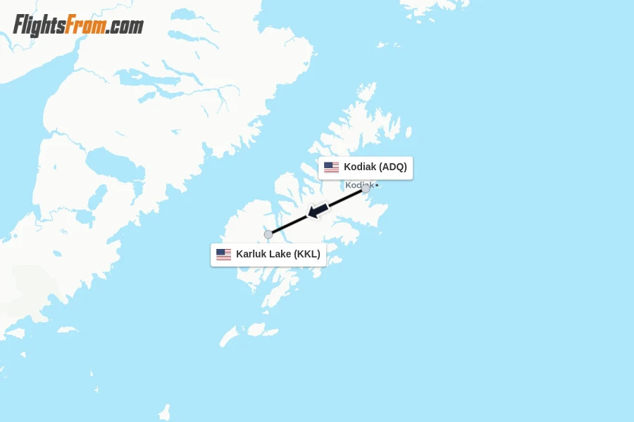Flights from Kodiak to Karluk Lake route map